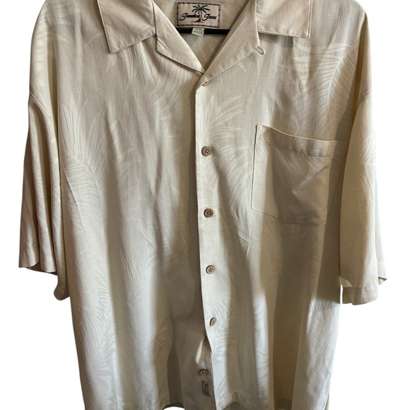 Jamaica Jaxx Cream 100% Silk Hawaiian Shirt Palm Leaf Jacquard Print Large - Picture 6 of 9